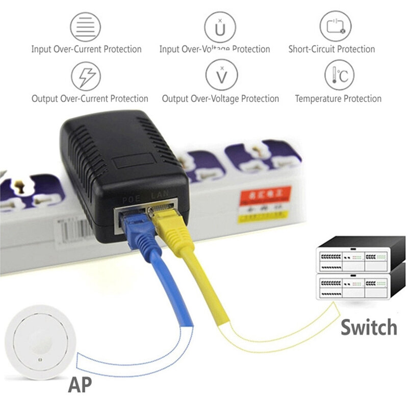 Adaptateur d'alimentation Ethernet CCTV, 48V/12V, 0,5 A/pipeline 24W POE pour caméra IP, interrupteur POE matin, option UE/US