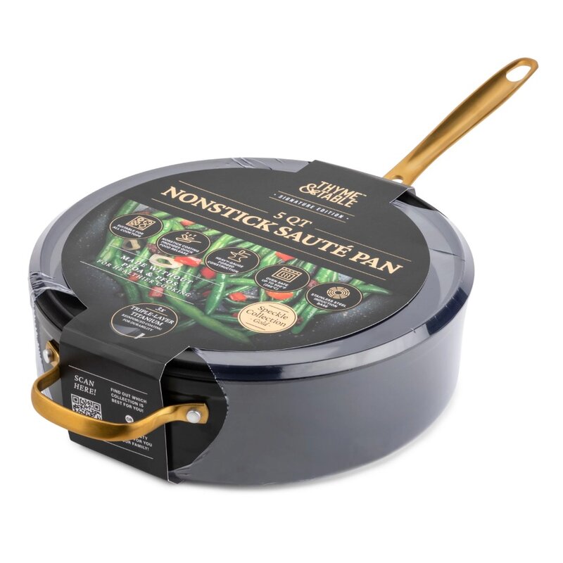 Non-Stick 5 QT Signature Saute Pan with Glass Lid, Black & Gold