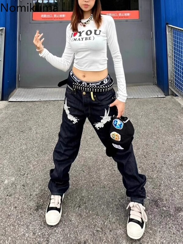 Streetwear Frauen Jeans Harajuku Hip-Hop Y2K Hosen 2024 neue Hosen Pantalon Femme lässig gerade schicke Stickerei Jeans hose