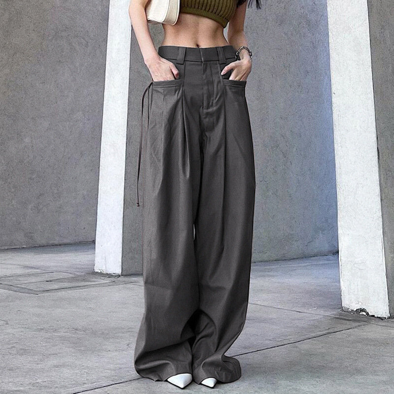 Pantalones holgados de cintura baja para mujer, pantalón tejido de Color liso, estilo Retro, moda europea y americana, primavera y verano, 2024