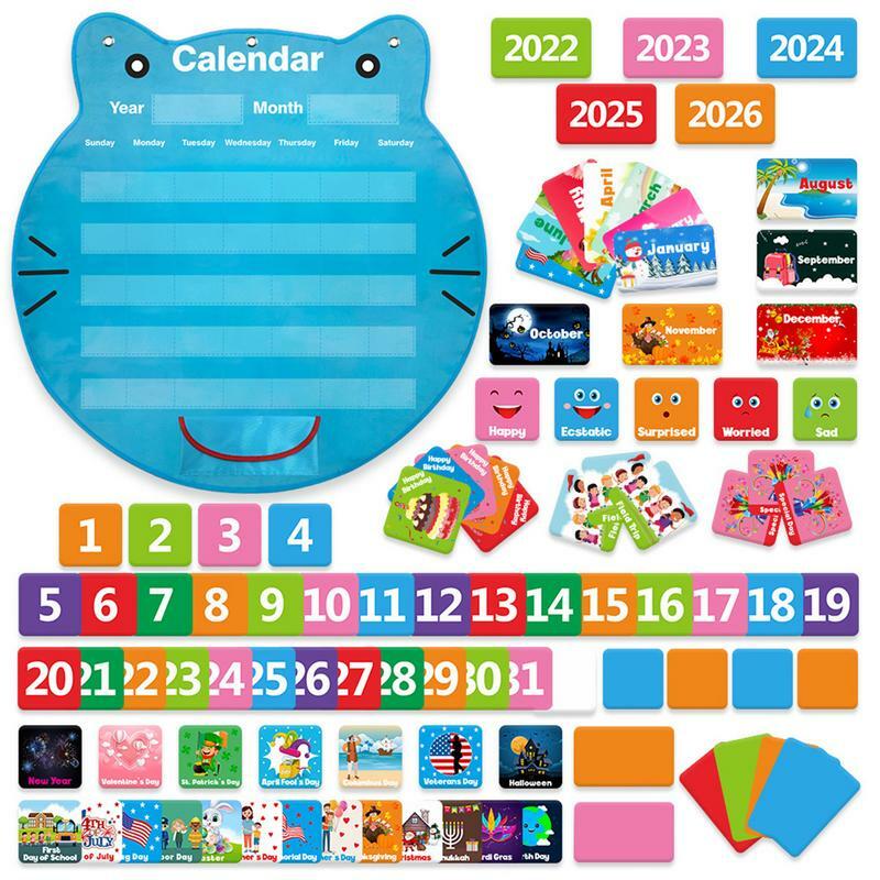 Calendario de bolsillo con forma de gato de dibujos animados, tabla de bolsillo primaria, suministros de aula impresos transparentes con 3 ganchos