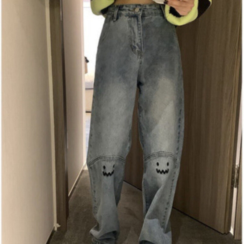 2024 neue modische und beliebte Größe hohe Taille bestickte Jeans Frau Frauen Retro lose gerade Bein weites Bein Student lang