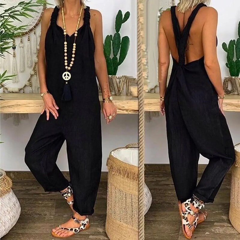 2022 Fashion Casual Jumpsuits Summer Rompers Women Solid Bib Overall Sleeveless Backless Knotted Jumpsuit Dungarees