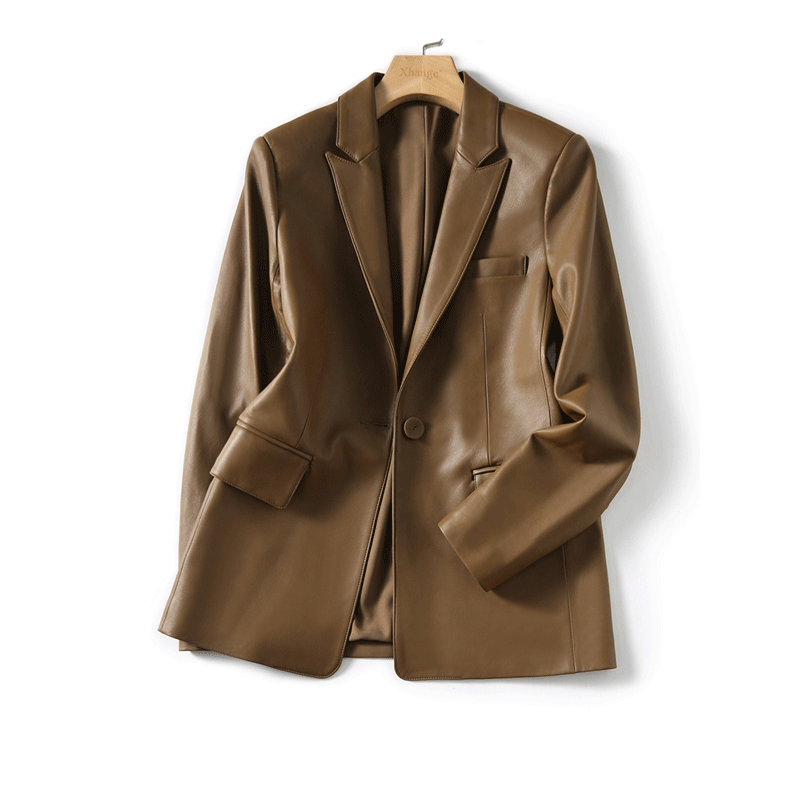 2024 New Haining Sheepskin Temperament Suit Collar Slim Leather Women's Suit Coat