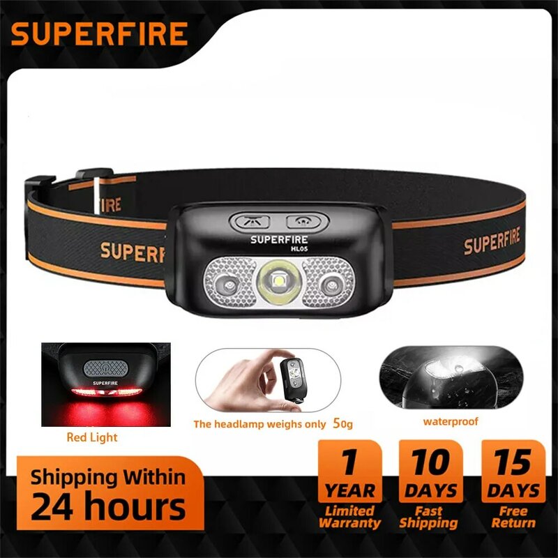 Superfire ไฟฉายคาดศีรษะขนาดเล็กชาร์จไฟได้, ไฟฉายคาดหัว USB หัวหลอดไฟสูง LED กันน้ำเซ็นเซอร์ไฟฉายคาดศีรษะไฟฉายทำงานด้านหน้า
