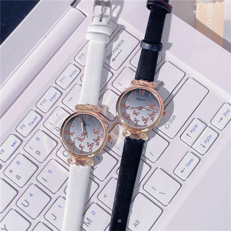 Japoński dziewczęcy zegarek Gradient Kawaii motyl mozaika kreskówkowa wodoodporny wskaźnik dziewczęcy zegarek na co dzień zegarek ze skórzanym paskiem prezent