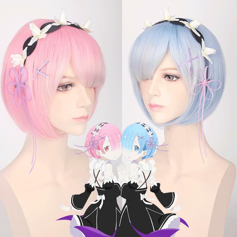 Japońskie Anime peruki Cosplay krótkie różowe symulują włosy niebieskie Periwig Lolita akcesoria do włosów kostium karnawałowy lub halloweenowy rekwizyty