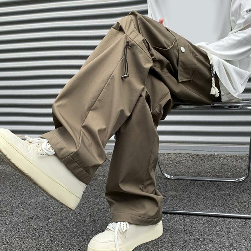 Men Drawstring Waist Pants Men Casual Pants High Street Style Men's Cargo Pants with Wide Leg Multi Pockets Solid for Daily