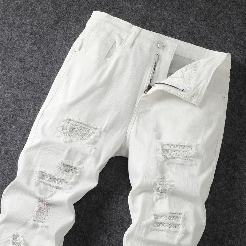 Nieuwe Heren Jeans Mode Wit Casual Gat Patch Hot Diamant Elastische Strakke Pasvorm Veelzijdige Gewassen Katoenen Jeugd Denim Broek