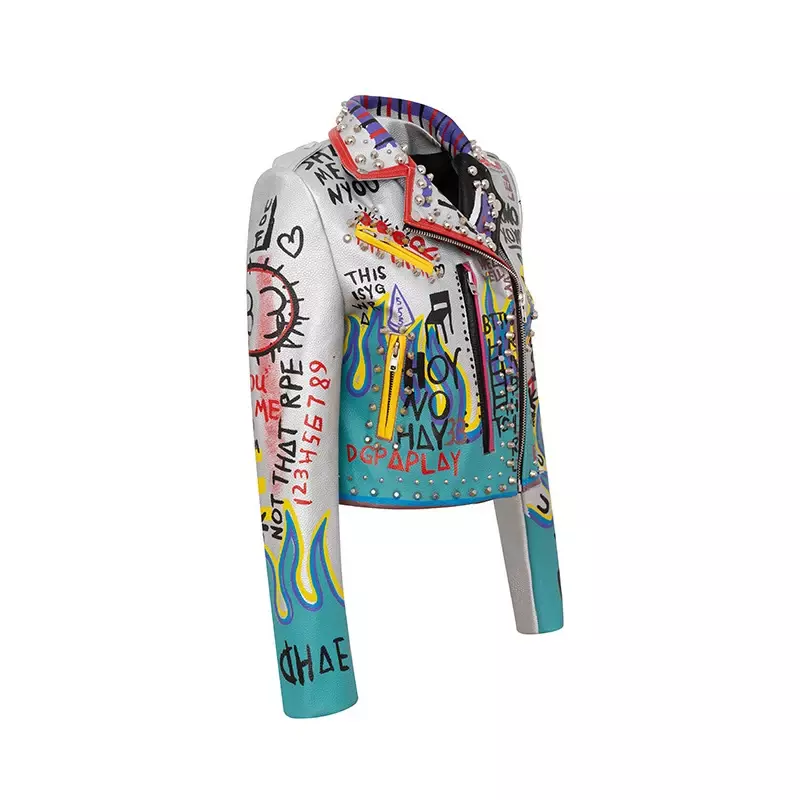 Jaqueta de couro falso feminina, estampa grafite contrastante, streetwear cravejado, estilo punk, jaqueta de motocicleta, novo, 2024