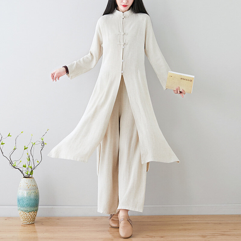 เสื้อผ้าชาผ้าลินินแขนยาวสำหรับผู้หญิงชุดกังฟูสำหรับฤดูใบไม้ผลิฤดูใบไม้ร่วงชุดชาวพุทธสไตล์จีน