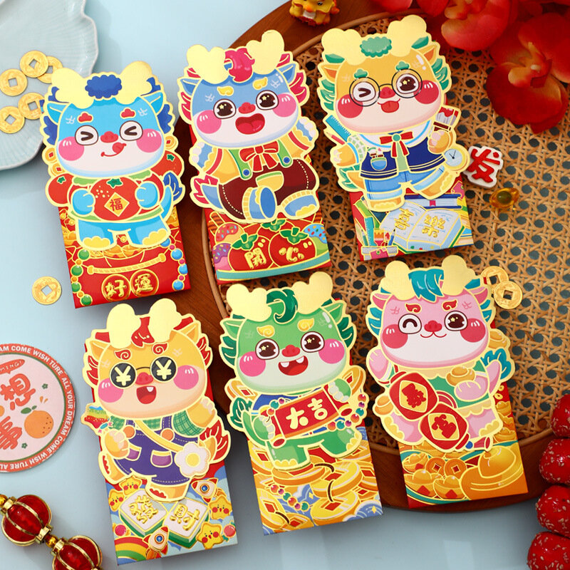 6Pcs Chinese New Year Red Envelopes 2024 Chinese Dragon Year Cute Cartoon Good Luck Money Red Pockets Spring Festival Decor