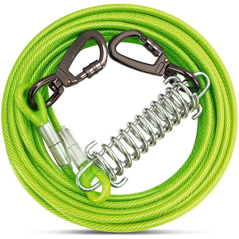Dog Tie Out Cable with Shock Absorbing Spring Heavy Duty Rotatable Hook Anti-Rust Dog Chains Dual Aluminum Extra Durable