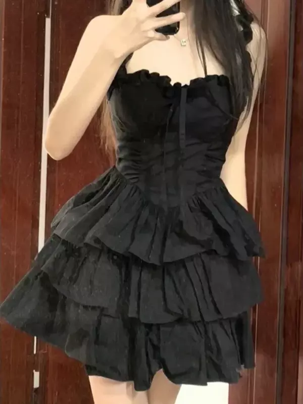 QWEEK-vestido gótico de Hrajuku para niña, traje corto con volantes negros, estilo Lolita Kawaii, a la moda Y2k, 2024