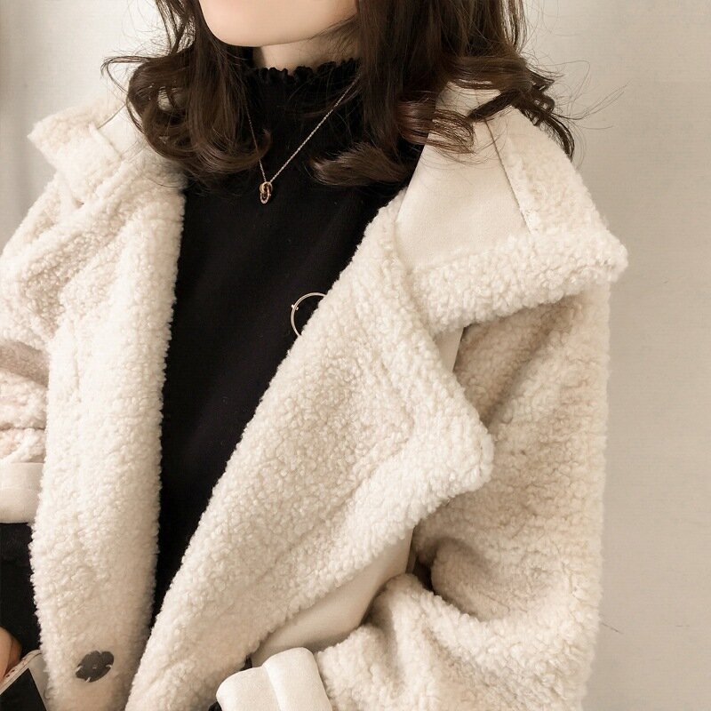 Куртка женская однотонная из овечьей шерсти, в Корейском стиле, свободная, в стиле бойфренд, с мехом, интегрированная плюшевая, мотоциклетная куртка, 2023