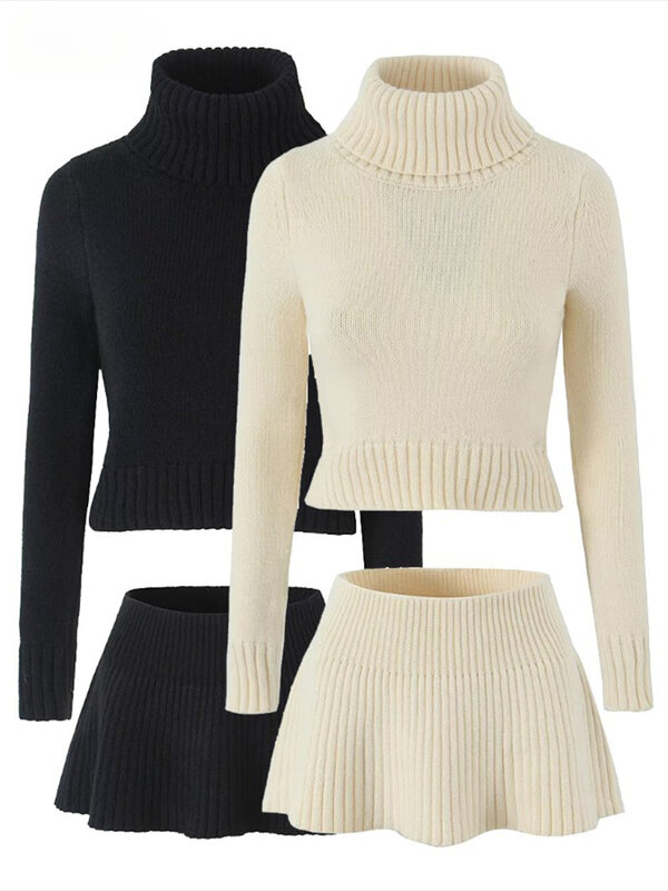 ROK MINI เสื้อกันหนาวแบบถักเซ็ต2ชิ้นสำหรับผู้หญิงชุดกระโปรงสั้นทรงเอแขนยาวเปิดไหล่ streetwear ในฤดูใบไม้ร่วง