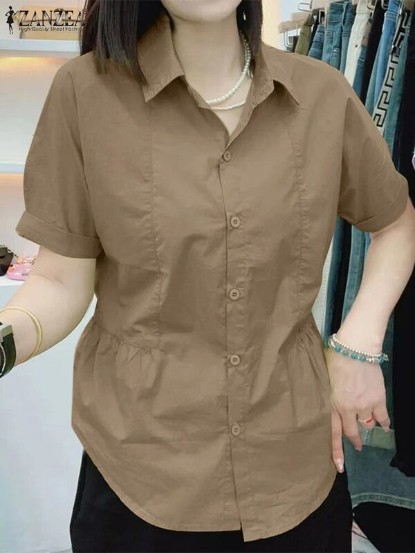 ZANZEA camicette alla moda da donna orlo arricciato 2024 Summer Button-up Everyday Chemise tinta unita colletto rovesciato camicie Casual Chic