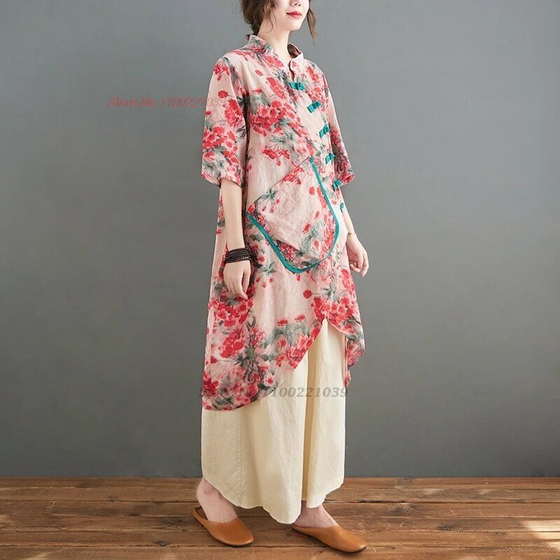 Blusa China vintage hanfu, tops nacionales mejorados, algodón y lino, estampado de flores orientales, blusa folclórica irregular, ropa de calle, 2024
