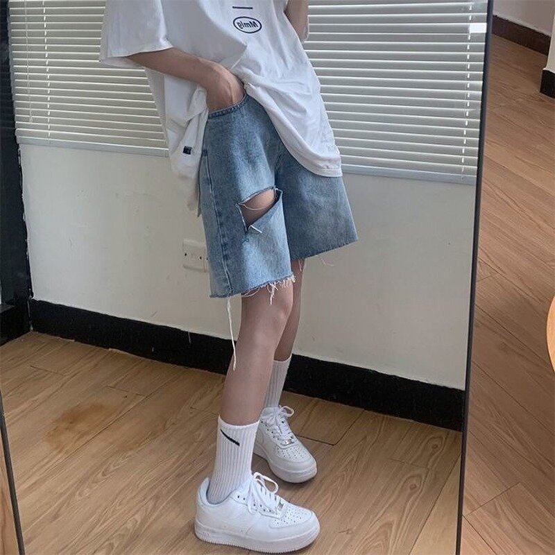 Buraco casual feminino Shorts jeans, cintura alta reta, Harajuku Chic Casal Calças curtas, moda unissex coreana, roupas de verão
