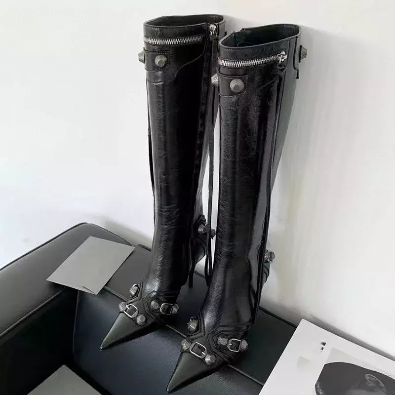 Thin Heels Knee High boots Glossy Pointed Toe Solid Color Mental Decor High QUality Street Style Popular Comfort Moderm Boots