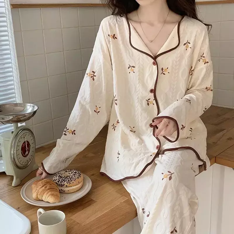 Conjunto de pijama de 2 piezas para mujer, piezas de manga larga con estampado, ropa de dormir para el hogar, moda coreana, otoño