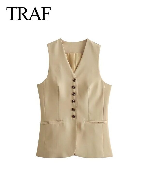 TRAF Woman New Fashion Summer Chic Waistcoats Khaki V-Neck Sleeveless Pockets Decorate Single Breasted Female High Street Vest