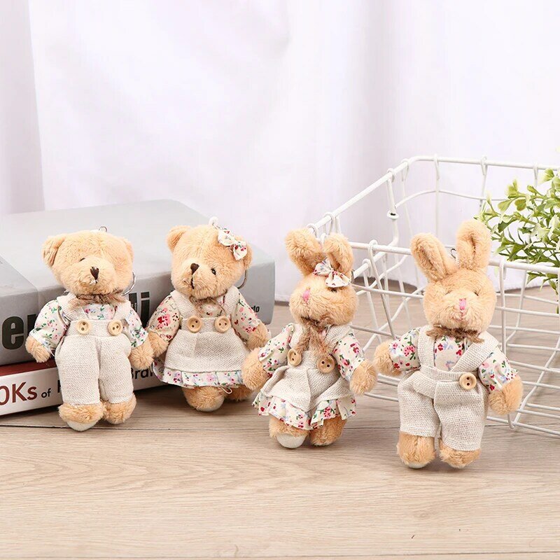 Cute Girls Country Style Linen Bear Keychain Women Couple Rabbit Keying Bag Car Trinket Plush Toy Pendant Toys Gift