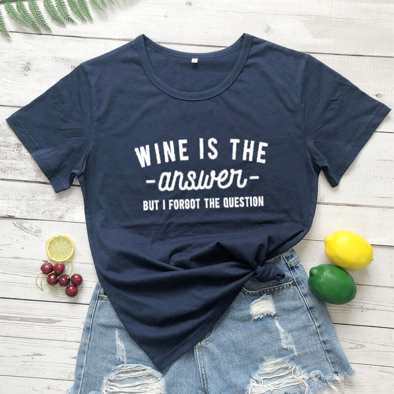 Camiseta de algodón para mujer, Camiseta estampada con el vino es la respuesta, camiseta de manga corta para mujer, Camisetas para mujer, ropa