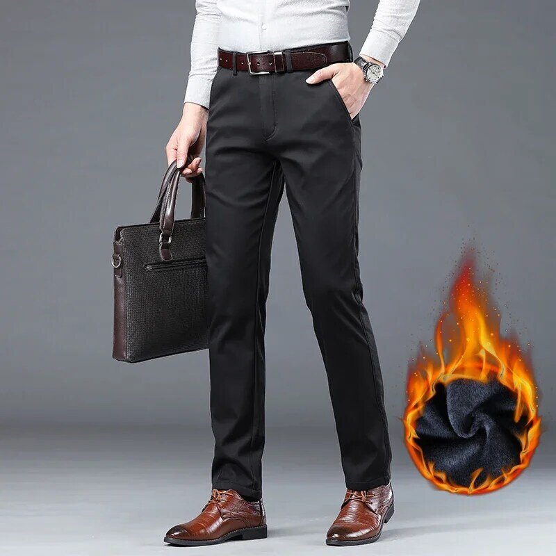 KUBRO-Calça grossa quente masculina, tamanho grande, estilo clássico, moda empresarial, regular, calça casual, marca masculina, cáqui, preta, inverno