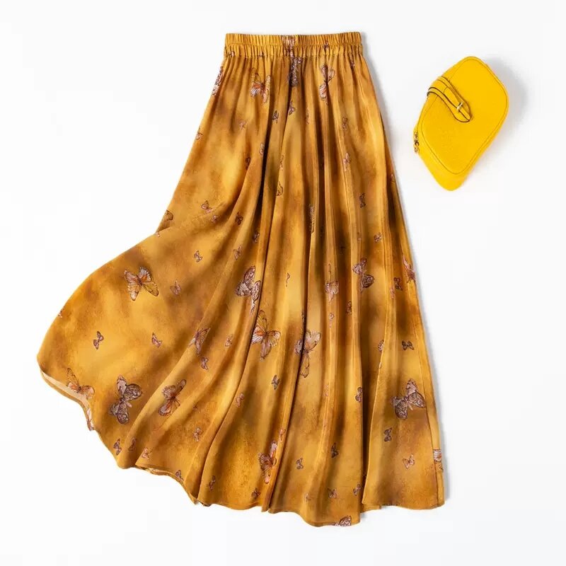 BirdTree-faldas de seda 100% auténtica para mujer, dobladillo grande de crepé de mariposa, falda OL elegante Retro, primavera y verano, B45524QM, 2024