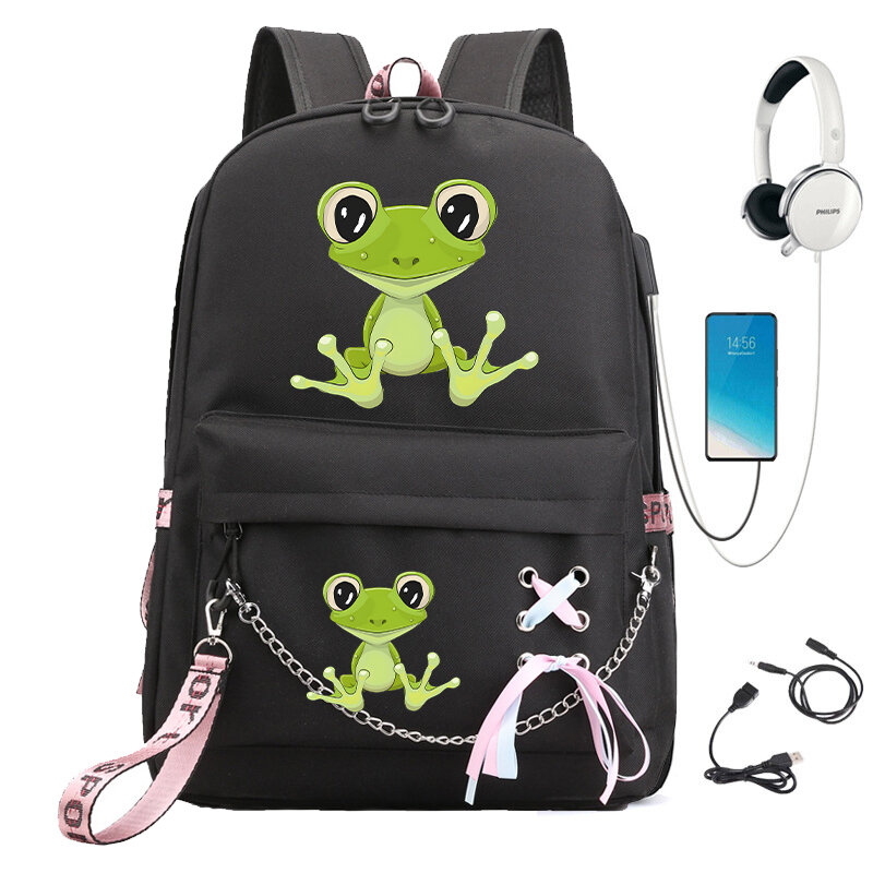 School Bag for College Students Waterproof Backpack Trendy Girls Cartoon Frog Print Anime Laptop Bagpacks Usb Bookbag Mochila