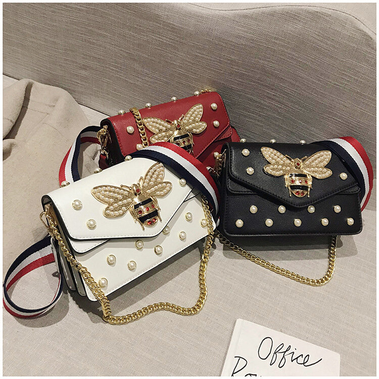 2024 Square Women shoulder bag Bee Purse Fashion Crossbody Bags with Pearl for Women Pu Leather Shoulder Clutch Handbags