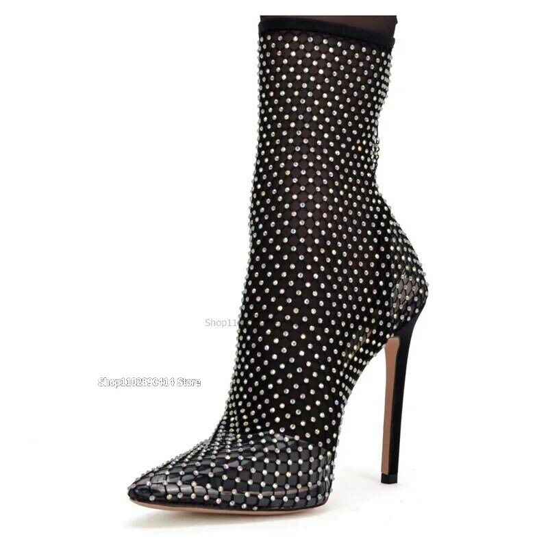 블랙 클리어 PVC 할로우 디자인 포인티드 토 부츠, 중간 종아리 여성 신발, 얇은 하이힐, 참신한 패션, 섹시한 2023