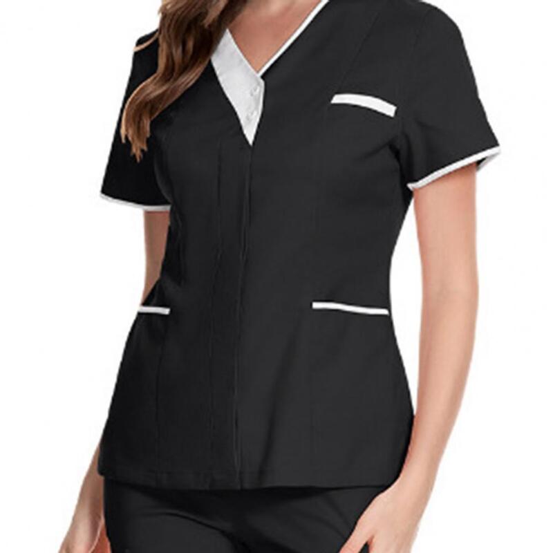 เสื้อแขนสั้นมีกระเป๋าสำหรับผู้หญิงชุดเครื่องแบบพยาบาลทำงานเสื้อคลุมสครับ