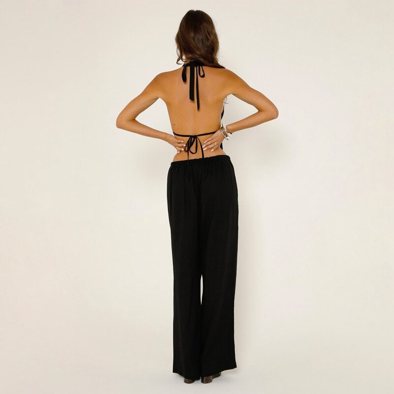 Maemukilabe Sexy 2 Piece Set Stripe Tie-Up Backless Halter Camis Crop Tops + Wide Leg Pants Women Summer Outfits Tank Tops