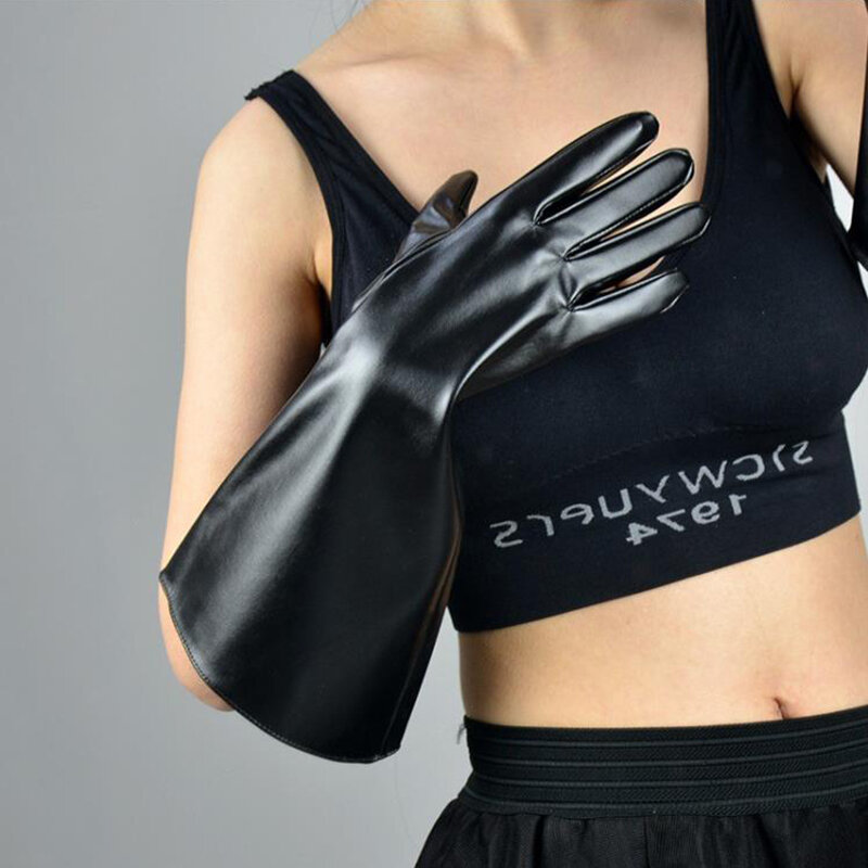 Длинные перчатки для сенсорного экрана 38 см, с большим рукавом, широкими манжетами и рукавами-фонариками, из искусственной кожи, черные, для мужчин и женщин, WPU134