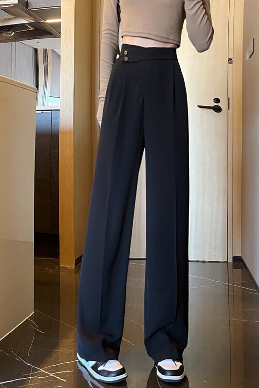 Czyste białe czarne spodnie na co dzień kobiety w jesienno-zimowej wysokiej talii prosta szeroka nogawka spodnie uniwersalne