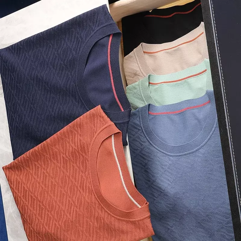 남성용 하이 퀄리티 뽕나무 실크 반팔 니트 탑, 한국 스타일 단색 심플 라운드넥 티셔츠, 여름 신상
