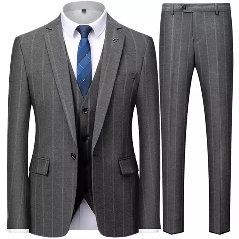 Blazers Jacket Pants Vest / 2023 Fashion New Men's Casual Boutique Business British Plaid Striped Suit Coat Trousers Waistcoat