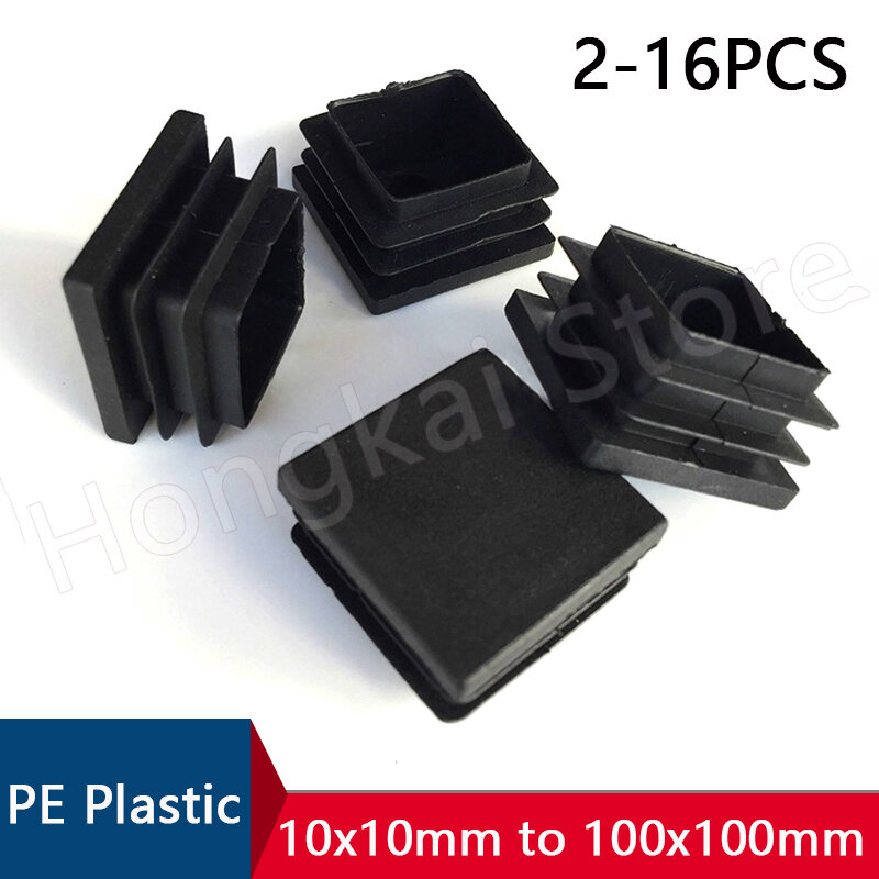 2-16PCS PE Plastic Black Square Tube Plug 10x10mm~100x100mm Blanking End Caps Tube Pipe Inserts Bung Chair Feet