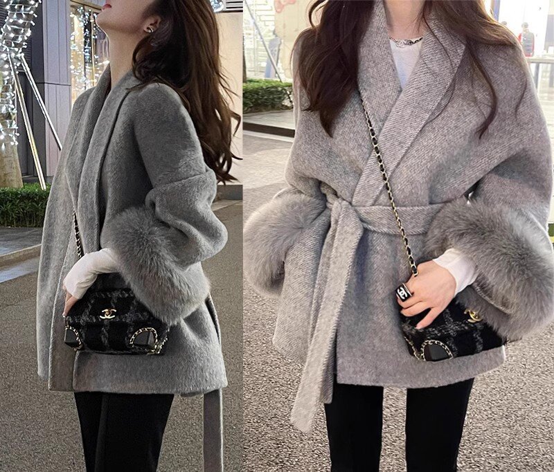 VANOVICH 2023 Autumn and Winter New Turn-down Collar Wool Loose Coats Female Fox Fur Temperament Luxury Belt Waist Casual Coat
