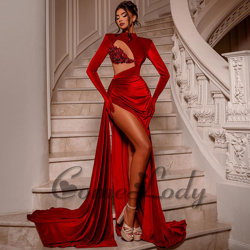 Comelody Attractive Prom Dresses for Women Saudi Arabric High Cut -Out Charming Side Slit Pleat Formal Gown Plus Custom Made