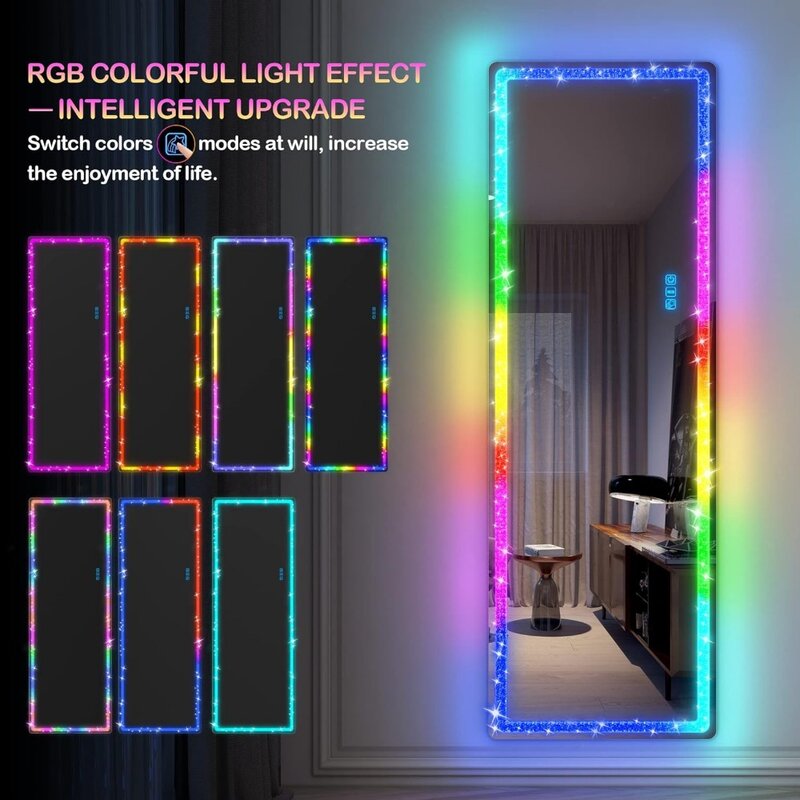 Ganzkörper spiegel mit LED-Licht, 63x20 Ganzkörper spiegel mit Diamanten, freistehender Boden-RGB-Spiegel, 7 Farb geschwindigkeiten einstellbar