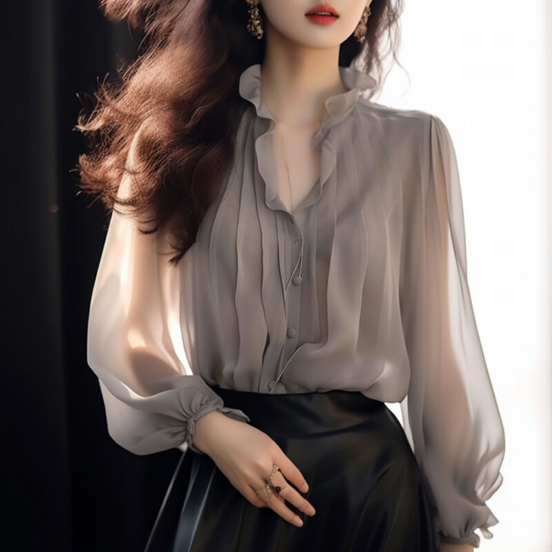 YCMYUNYAN-Camisa feminina de chiffon com decote em v, blusas primavera e verão, top de mangas compridas, moda vintage sólida, roupas soltas
