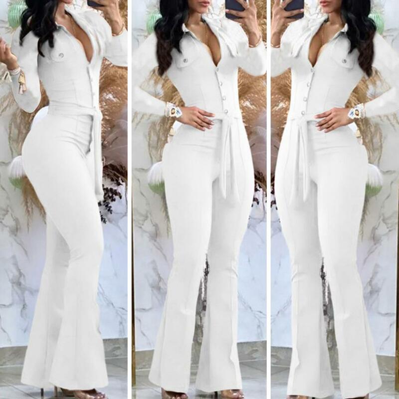 Women Jumpsuit Elegant Women's High Waist Jumpsuit Flared Cuff Slim Fit Belted Solid Color for Fall Spring Fashion Women Long