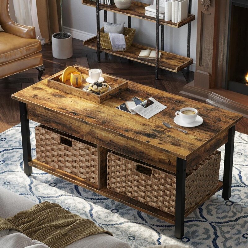 طاولة قهوة مستديرة لغرفة المعيشة ، منضدة خشبية مركزية عتيقة ، إطار معدني ، طاولات بنية ريفية ، خشب ، من من من من من من من الخشب ،