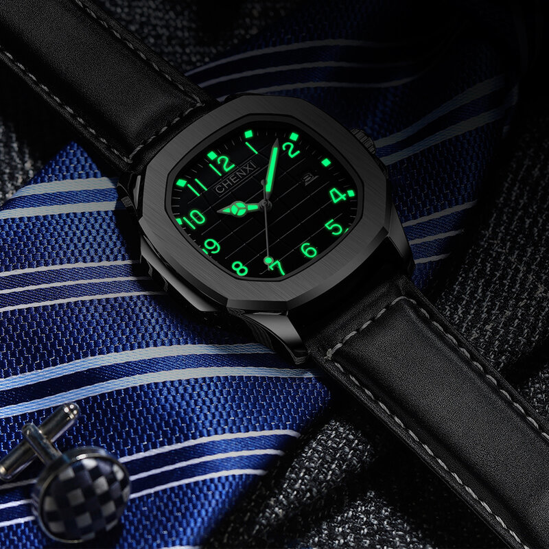 Мужские кварцевые часы CHENXI с кожаным ремешком, светящиеся квадратные часы с датой, мужские высококачественные роскошные повседневные мужские наручные часы, новинка 2024