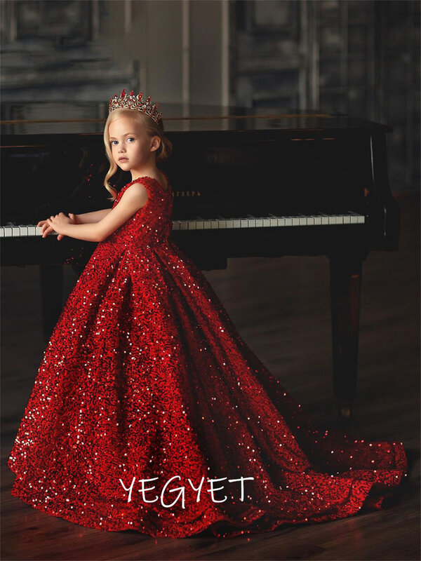 Robe longue de princesse rouge à paillettes pour petite fille, tenue de soirée mignonne à fleurs, cadeau d'anniversaire et de Noël