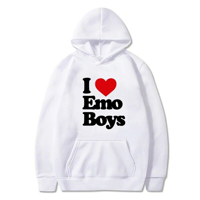 I Love Emo Boys Hoodies para homens e mulheres, moletom unissex, pulôver, streetwear, roupas de outono, engraçadas, moda popular, carta, 2000s