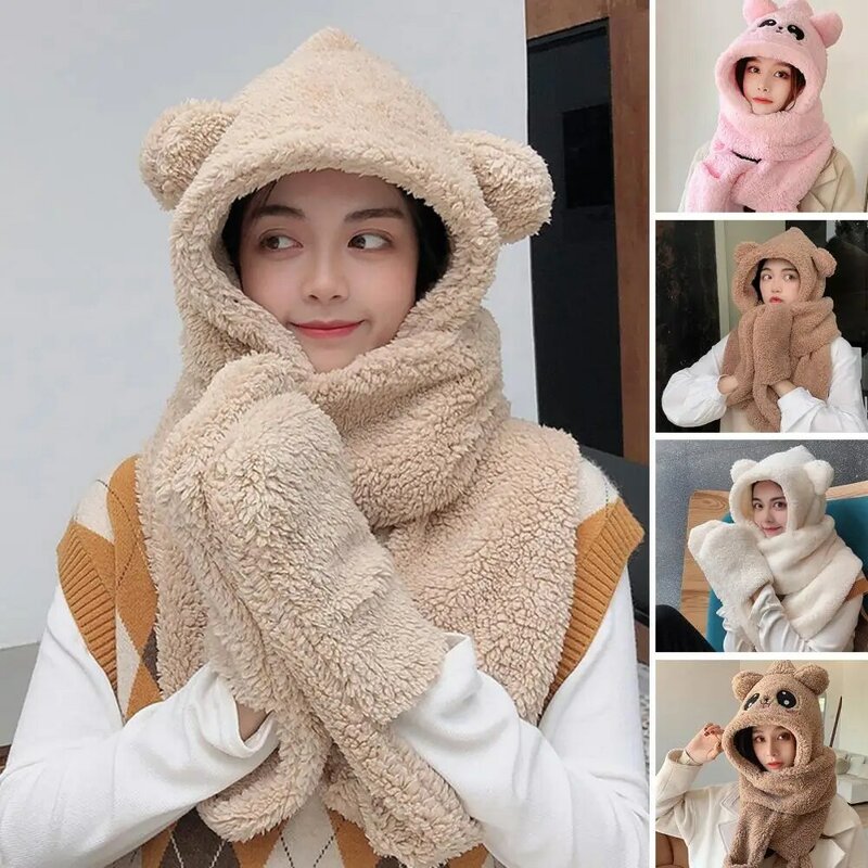 Осенне-зимняя мультяшная шапка шарф для девочек плотная шапка теплый шарф с капюшоном перчатки мультяшный медведь уши для девочек плюшевый шарф шапка перчатки